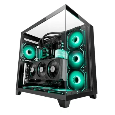 Abbildung von MARSGAMING MC 3C, Gaming ATX Gehäuse, 3D Panoramablick mit Dreifach gehärtetem Glas, Seitliches Doppelkammer Design, Vollständige Unterstützung Wasserkühlung, Mid Tower PC Kabelmanagement, Schwarz