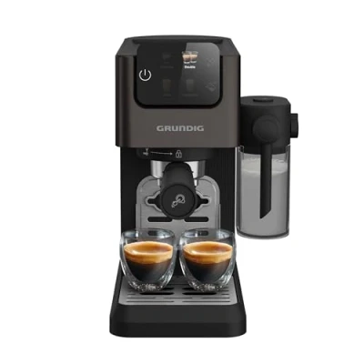 Abbildung von GRUNDIG KSM 6430 Siebträgermaschine mit integriertem Milchbehälter, 1628 W Leistung, 20 bar Pumpendruck, Zweifachdüse, farbiges Touch Display, BrewSense, CreamyPro, Dark Inox/Schwarz