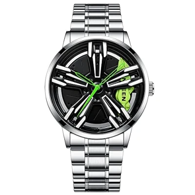 Abbildung von MIDYUID Herrenuhren Auto Felge Nabe Uhr Hohl Stereoskopische Rad Mode Sport Quarzuhr für Männer Geschenke Armbanduhren (Green 05)