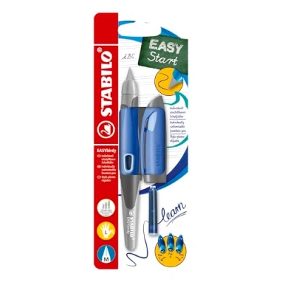 Abbildung von Ergonomischer Schulfüller für Linkshänder mit Standard Feder M STABILO EASYbirdy Pastel blau/hellblau inkl. Patrone und Einstellwerkzeug blau (löschbar)
