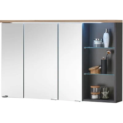 Abbildung von MEMPHIS Spiegelschrank Bad mit LED Beleuchtung in Artisan Eiche Optik, Grau Badezimmerspiegel Schrank viel Stauraum 110 x 70 22 cm (B/H/T)