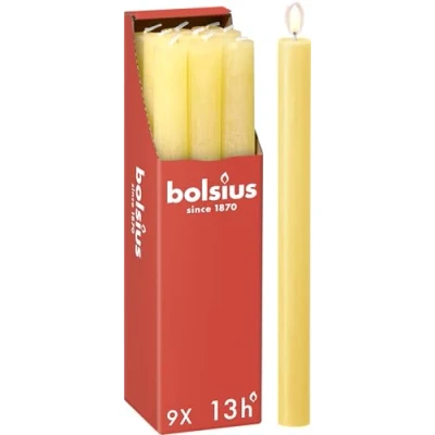 Abbildung von Bolsius Rustik Stabkerzen Gelb 9 Stück 27 x 2.3 cm Länge Brenndauer 13 Stunden Unparfümierte Enthält Natürliches Pflanzenwachs Ohne Palmöl