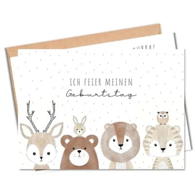 Abbildung von MeinBaby123® 10 Einladungskarten Kindergeburtstag Jungs und Mädchen Geburtstagseinladungen für Kinder Safari Tiere inkl. Briefumschläge Premium Qualität (Süße V3)