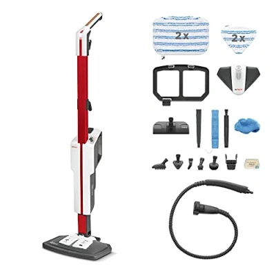 Abbildung von Polti Vaporetto SV650_Style, Dampfbesen mit integriertem Handreiniger, Extra Dampffunktion, 19 Zubehörteile, Griff Korkeinlage, vertikale Parkposition, rot