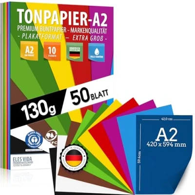 Abbildung von 50 Blatt BUNTES PAPIER DIN A2 130g/m² Tonpapier Set 10 Farben Bastelpapier &amp; Farbige Blätter Pappe, Kinder DIY, Zubehör zum Basteln, Fotoalbum BLAUER ENGEL PEFC zertifiziert MADE IN GERMANY