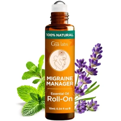 Abbildung von Gya Labs Migräne ätherisches Öl Roll on Relief Stick Roller, schnellen Komfort für Kopf Spannungen, 100% rein und natürlich, Blend mit Pfefferminzöl (10ml)