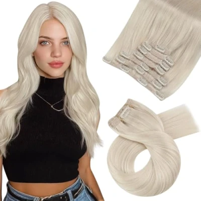 Abbildung von Moresoo Clip in Extensions Echthaar, Salon Qualität Weiches Glattes Haar 40 cm 7 Stück 120g #60 Platinblond, Leicht zu Tragen Solide und Langlebig