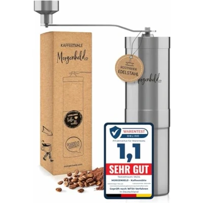 Abbildung von Morgenheld Kaffeemühle Edelstahl manuell stufenloses Keramikmahlwerk mechanische Hand Kaffee Mühle Kegelmahlwerk Espresso Handkaffeemühle für Outdoor und Camping manuelle Espressomühle Kaffeemahlwerk