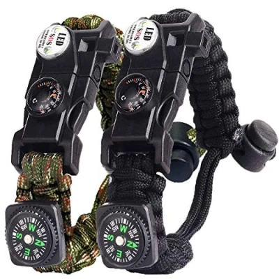 Abbildung von Paracord Survival Armband Kit für Herren Damen, mit Feuerstein + Kompass (Schwarz Armeegrün)