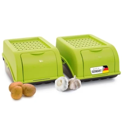 Abbildung von Novaliv Kartoffel Aufbewahrungsbox 2x klein 3,5L GRÜN Zwiebelbox Gemüsebox stapelbar Kartoffelbox Zwiebel Aufbewahrung Kartoffelkorb Obstbehälter Kartoffelkiste Frischhaltedose Möhren