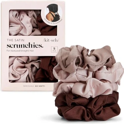 Abbildung von Kitsch Satin Haargummis für Frauen Weicher als Seidenscrunchies Haare, Scrunchies Mädchen, Frauen, Seidenhaargummis, Seiden Pferdeschwanzhalter, 5 Stück (Cameo)