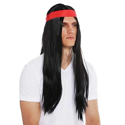 Abbildung von WIG ME UP 7093 P103 Perücke Halloween Karneval Herren Damen 70s Hippie Indianer schwarz lang glatt Mittelscheitel Stirnband