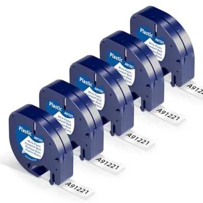 Abbildung von 5x Wonfoucs Kompatible für Dymo Etikettenband Letratag 12mm x 4m Plastik Weiß, XR 91221 S0721660 Beschriftungsgerät Letra Tag LT 100H 100T XM