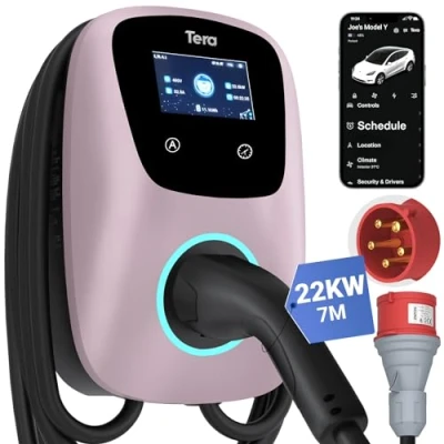 Abbildung von Tera EV Ladegerät Smart APP: 32A Typ 2 22kW oder 11kW Heim Ladestation 400V CE &amp; TÜV Wallbox 7m Ladekabel mit Ladegerätehalter App Steuerung CEE 3 Phasen Stecker für Alle EVs und PHEVs W01 Mattrosa