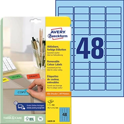 Abbildung von AVERY Zweckform L6039 20 Blaue Etiketten (960 Aufkleber, 45,7x21,2mm auf A4, wieder rückstandsfrei ablösbar, selbstklebende Farbetiketten, Papier matt, bedruckbare, farbige Klebeetiketten) Blatt
