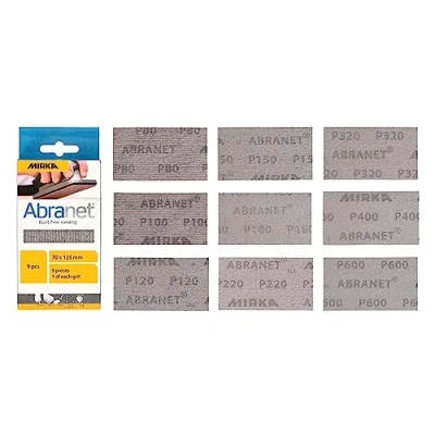 Abbildung von Mirka Abranet Netzschleifstreifen 70mm x 125mm Klett / Mix Pack 1 von jeder Körnung 80, 100, 120, 150, 180, 220, 320, 400, 600 9 Stk zum Schleifen Holz, Spachtel, Lack, Kunststoff