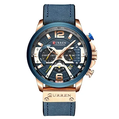 Abbildung von CURREN Herren Armbanduhr, Quarz, analog, Kalender, Armbanduhr für Herren, modische wasserdichte mit Lederband, Blau, Chronograph
