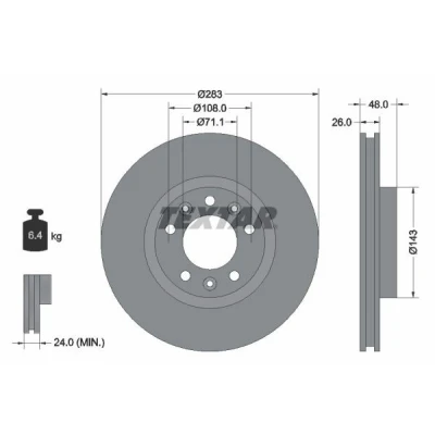 Abbildung von TEXTAR PRO 92267203 Bremsscheibe 283 26 05/08 108 innenbelüftet beschichtet ohne Radlager, Radbefestigungsbolzen, Radnabe