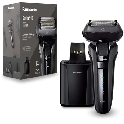 Abbildung von Panasonic Series 900 Premium Nass und Trocken Rasierer ES LV9U, 5 fach Scherkopf mit Linearmotor Bartdichtensensor Technologie, Pop up Trimmer, inklusive Reinigungs Ladestation, schwarz