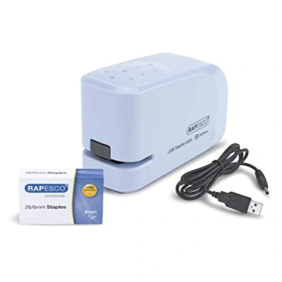 Abbildung von Rapesco 1452 626EL Automatisches USB/Batterie Heftgerät mit 1000 26/6mm Heftklammern, 15 Blatt Heftleistung, Hellblau