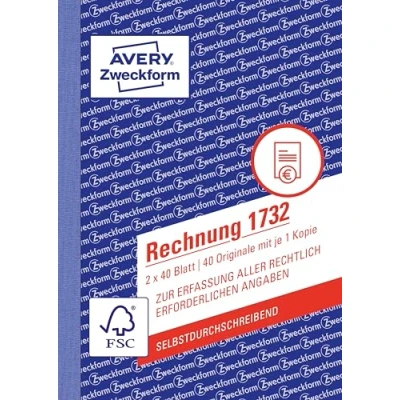 Abbildung von AVERY Zweckform 1732 Rechnung (A6, 2x40 Blatt, selbstdurchschreibend mit farbigem Durchschlag, Netto und Bruttobetrag, MwSt. uvm., zur Erfassung aller rechtlich erforderlichen Angaben) weiß/gelb