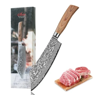 Abbildung von Wakoli EDIB Pro Premium BBQ und Blockmesser mit 20 cm Klinge gefertigt aus 67 Lagen echtem Damaststahl Pakkaholzgriff I Damastmesser Küchenmesser Profi Kochmesser