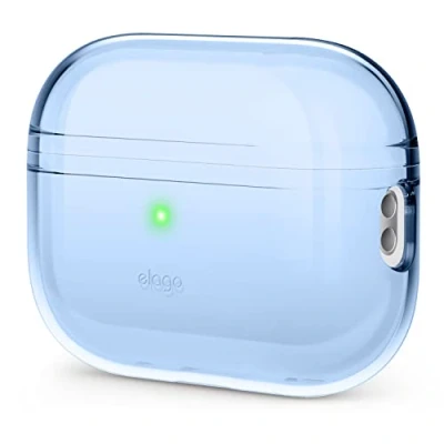 Abbildung von elago Transparente Schutzhülle, kompatibel mit Apple AirPods Pro 2. Generation, stoßfest, Gel Klebestreifen enthalten, kabelloses Laden, reduziert Vergilbung, Türkisblau
