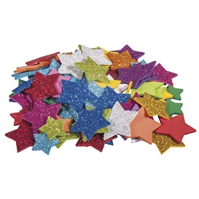 Abbildung von Rayher 30231000 Moosgummi Sterne Glitter, 2 + 3 cm ø, 100 Stück, selbstklebend, Farben gemischt, Glitter Schaumstoff Sticker, Aufkleber Stern, zum Dekorieren, Bunt