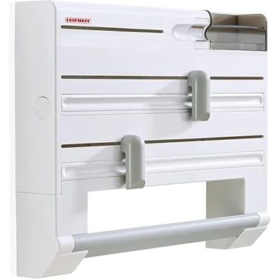Abbildung von Leifheit Wandrollenhalter Parat Plus ComfortLine Serie, für jede Küche, bewährter Schneidabroller Alu und Klarsichtfolie, Folienschneider mit Spezialmesser