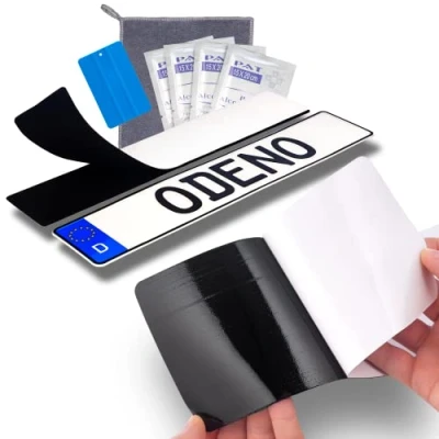 Abbildung von DAS ORIGINAL ODENO® Klett Kennzeichenhalter Set Rahmenlos selbstklebend Nummernschildhalterung für jedes Auto extrem starker, wetterfester Kleber und Klettverschluss