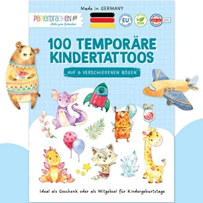 Abbildung von Papierdrachen 100+ Tattoos für Jungen besonders hautfreundliche Kindertattoos Dino, Monster &amp; Drachen Kinder Geschenkidee Mitgebsel 100% vegan dermatologisch geprüft Set 1