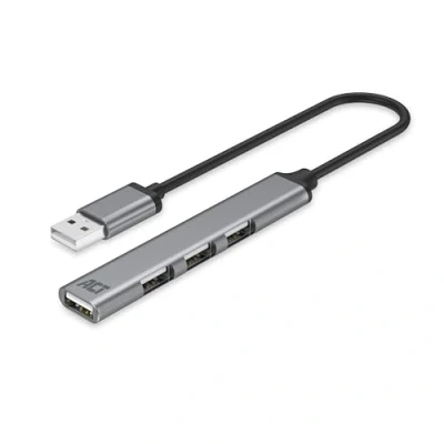 Abbildung von ACT USB Hub 4 Ports, Mehrfachstecker, Aluminum Gehäuse, Kabellänge 18cm, 2.0 für PC, Laptop, Konsole AC6225