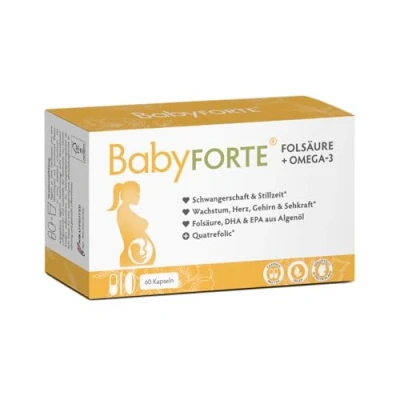 Abbildung von BabyFORTE Folsäure + Omega 3 Algenöl Alle Trimester 18 Schwangerschaftsvitamine vegan 60 Kapseln Quatrefolic, Magnesium, Jod, DHA EPA Schwangerschaft Stillzeit