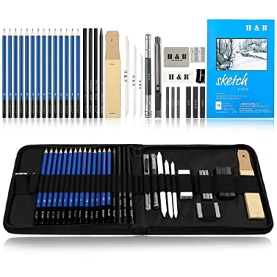Abbildung von H &amp; B 35 Stück Bleistifte Professionelle Skizzierstifte Set Skizzieren Zeichnen Profi Art für Künstler Anfänger Schüler und Kit Tasche (35 Stück)