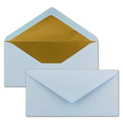 Abbildung von 50 Brief Umschläge DIN Lang Hell Blau mit Gold Metallic Innen Futter 110 x 220 mm Nassklebung festliche Kuverts für Taufe &amp; Geburt