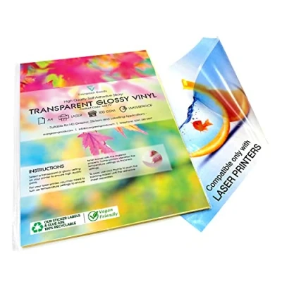 Abbildung von Evergreen Goods 10 Blatt A4 wasserfestes, glänzendes, selbstklebendes, klares Vinyl Aufkleberpapier Vollständig anpassbares Laserdruckerpapier Druckpapier für Schilder, Etiketten und Aufkleber