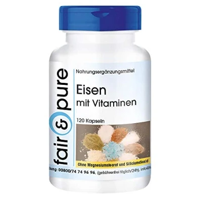 Abbildung von Fair &amp; Pure® Eisen Kapseln mit Vitamin C 120 Biotin und B12 deckt 100% des täglichen Eisenbedarfes vegan ohne Magnesiumstearat