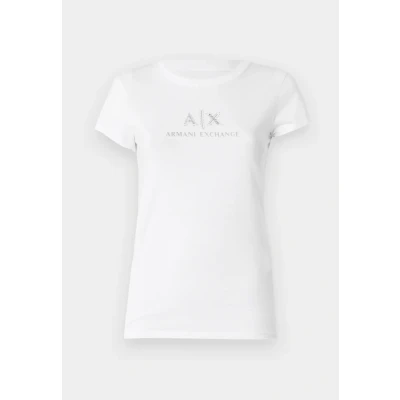 Abbildung von Armani Exchange Women&#039;s Crewneck Slim fit Rhinestone Ax Logo Tee T Shirt, Optic White, X Small