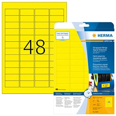 Abbildung von HERMA 8030 Wetterfeste Folienetiketten, 25 Blatt, 45,7 x 21,2 mm, 48 pro A4 Bogen, 1200 Stück, selbstklebend, bedruckbar, matt, blanko Outdoor Signal Etiketten Aufkleber aus Folie, gelb