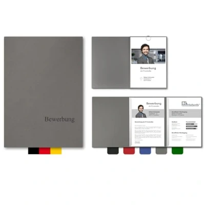 Abbildung von 5 Stück 3 teilige Bewerbungsmappen BL exclusivdruck® OPTIMA in Steingrau Premium Qualität mit edler Relief Prägung &#039;Bewerbung&#039; Produkt Design von &#039;Mario Lemani&#039;