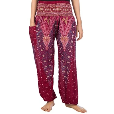 Abbildung von Lofbaz Damen Haremshose Yogahose Pumphose Hippie Hose Boho Kleidung Festival Outfit Sommerhose Leicht Sommer Hosen Peacock 1 Burgund M