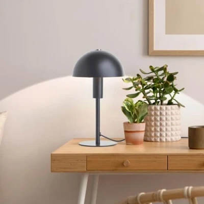 Abbildung von Lightbox Pilz Tischlampe 27 cm Höhe, Ø 15 Home Office Schreibtischlampe mit Schalter Mini LED Lampe (E14 Fassung) als Nachttischlampe, Büro &amp; Schreibtisch Zubehör aus Metall in Matt Schwarz
