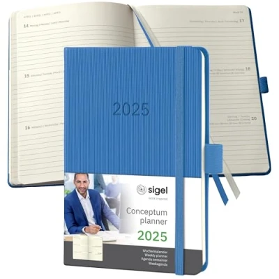 Abbildung von SIGEL C2569 Terminplaner Wochenkalender 2025, ca. A6, blau, Hardcover, 176 Seiten, Gummiband, Stiftschlaufe, Archivtasche, aus nachhaltigem Papier, Conceptum