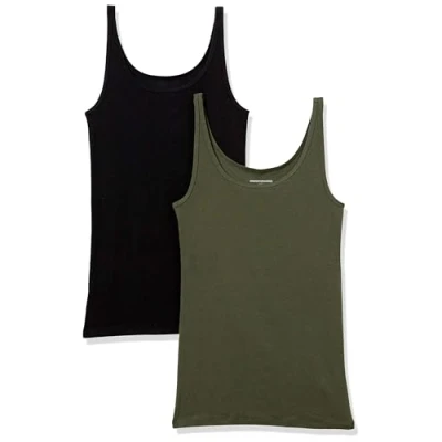 Abbildung von Amazon Essentials Damen Schmal geschnittenes Tanktop mit dünnem Trägern, 2er Pack, Olivgrün/Schwarz, S