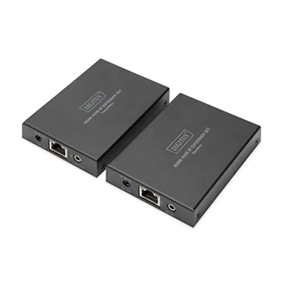 Abbildung von DIGITUS HDMI KVM Extender Set Sender &amp; Empfänger über IP bis 150 m Reichweite Full HD 1080p 1.4 USB 1.1 HDCP Anschlus von Maus Tastatur Patchkabel ab CAT 5e