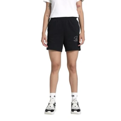 Abbildung von Puma ESS Script Hochgeschnittene Shorts, Damen, Größe: Medium, Black