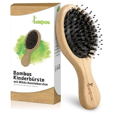 Abbildung von lampox Kinder Haarbürste Bambus mit Wildschweinborsten Kopfmassage Haarpflege, Entwirrbürste für lange Haare &amp; Locken von Damen, Herren Kinder, Massagebürste die Kopfhaut, Detangler