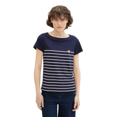 Abbildung von TOM Tailor Gestreiftes Ubootausschnitt Tshirt print, Damen, Größe: Medium, Sky captain blue