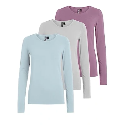 Abbildung von PIECES Damen PCSIRENE LS Tee 3 PACK NOOS CP, Baby Blue/3 Blue Grey LAV, M