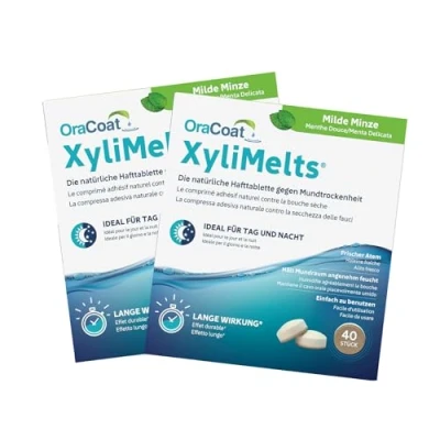 Abbildung von XyliMelts Milde Minze 80 Stück Hafttabletten gegen nächtliche Mundtrockenheit befeuchten im Schlaf den Mund 4 8 Stunden dezenter Minzgeschmack trockenen